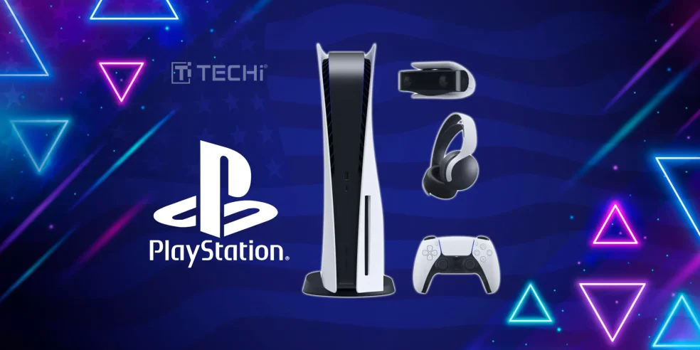 PlayStation 5 console with accessories including DualSense controller, headset, and camera on a neon-themed background.