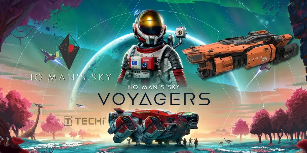No Man's Sky Voyagers update introduces customizable multi-crew starships with vibrant space exploration visuals.
