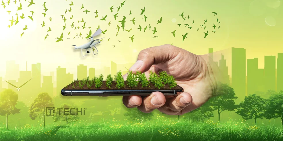 Hand holding a smartphone with plants growing on it, symbolizing eco-friendly technology and the environmental impact of mobile devices.