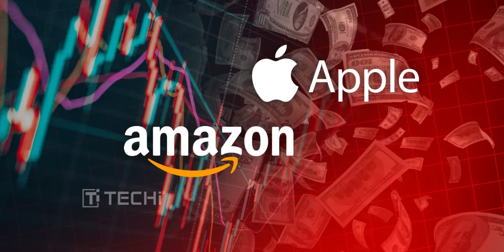 Amazon and Apple logos over stock charts and floating dollar bills, representing investor anticipation ahead of Q2 2025 earnings.