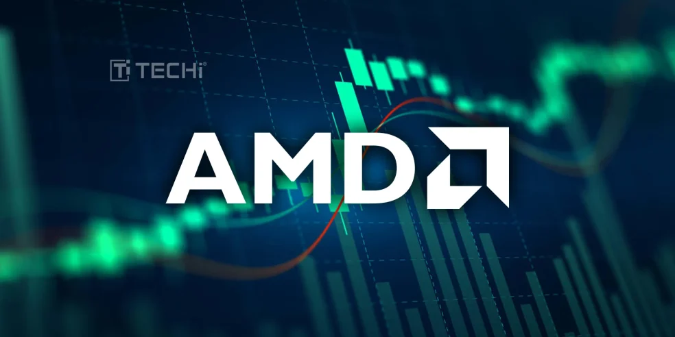 AMD logo over financial chart showing market growth and trading activity.