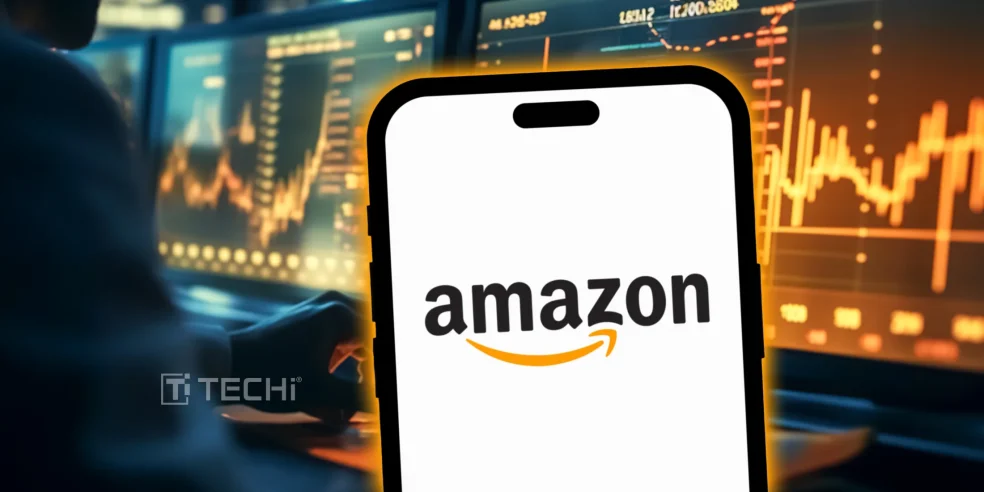 Amazon logo displayed on smartphone with financial market data charts in background