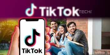Students smiling while holding books, with a smartphone displaying the TikTok logo in front of them