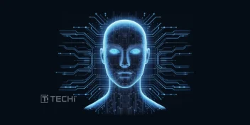 Futuristic digital human head with glowing circuits symbolizing artificial intelligence technology.