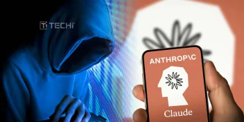 Anthropic Claude AI logo with a hacker in the background, symbolizing AI security and cybercrime prevention.