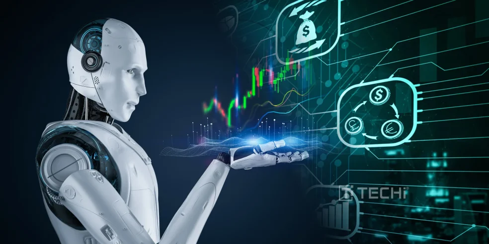 AI robot with financial data and currency symbols, representing the intersection of technology and finance.