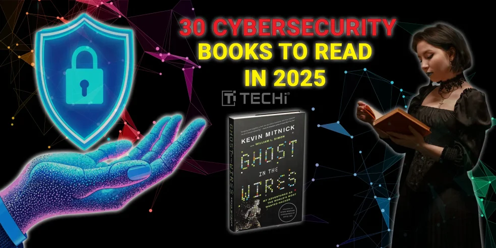 Cybersecurity-themed image with a digital hand holding a lock shield, a woman reading, and a featured book cover of "Ghost in the Wires" by Kevin Mitnick.