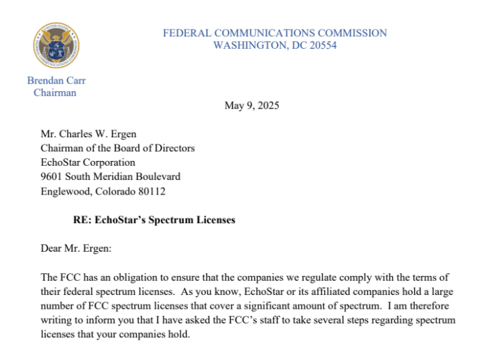 FCC Chairman Brendan Carr sent a formal letter to EchoStar