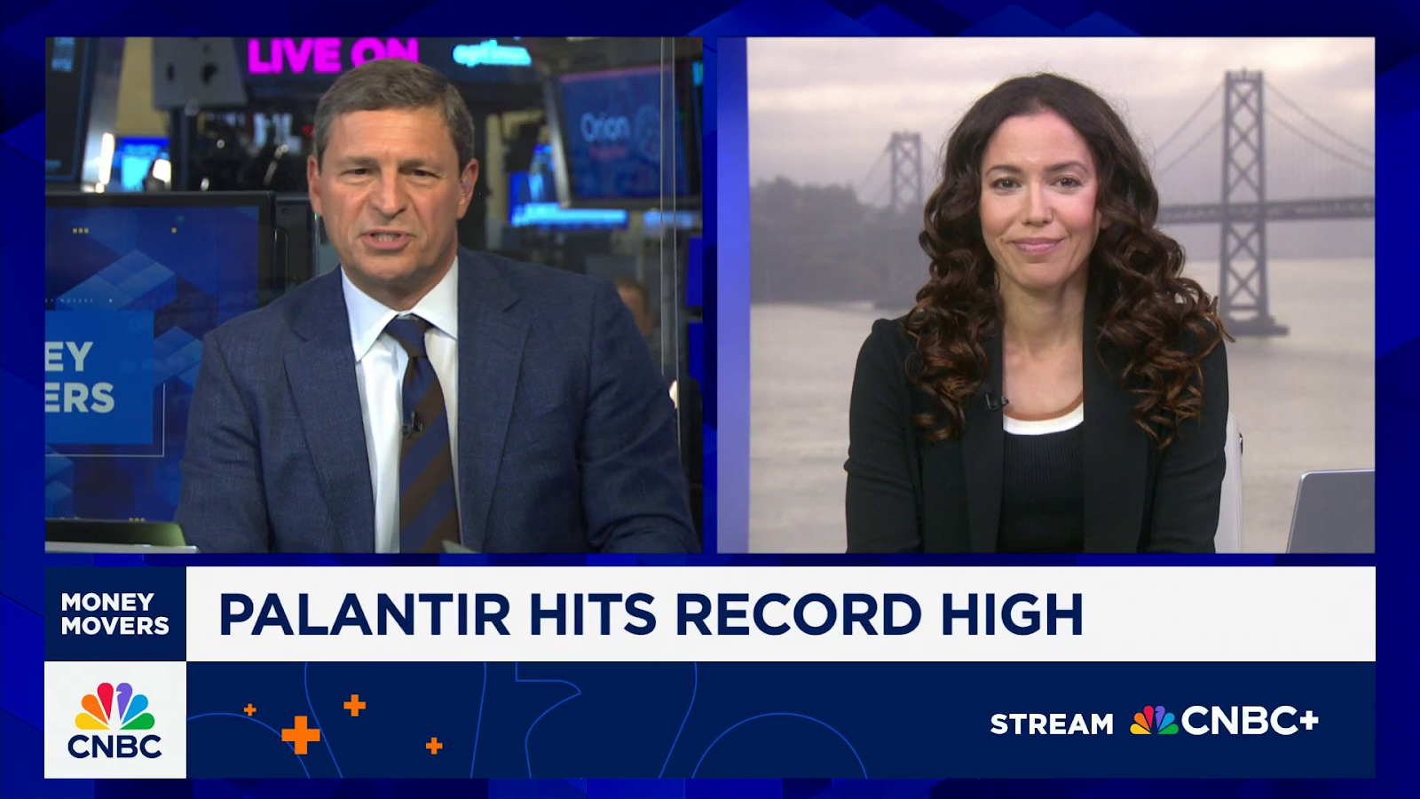 CNBC's Money Movers segment featuring hosts discussing Palantir hitting a record high, with a view of the San Francisco Bay Bridge in the background.