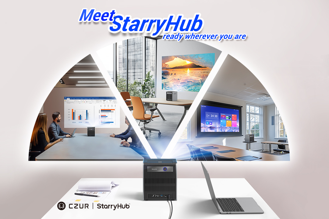 A device called StarryHub is shown projecting digital screens in various settings, including a business meeting, an office, and a classroom. The tagline emphasizes its readiness for use anywhere, with different types of presentations and media displayed.