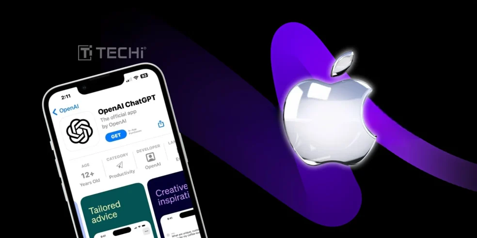 Smartphone screen showing OpenAI ChatGPT app on the App Store alongside a glowing Apple logo, symbolizing enterprise AI integration.
