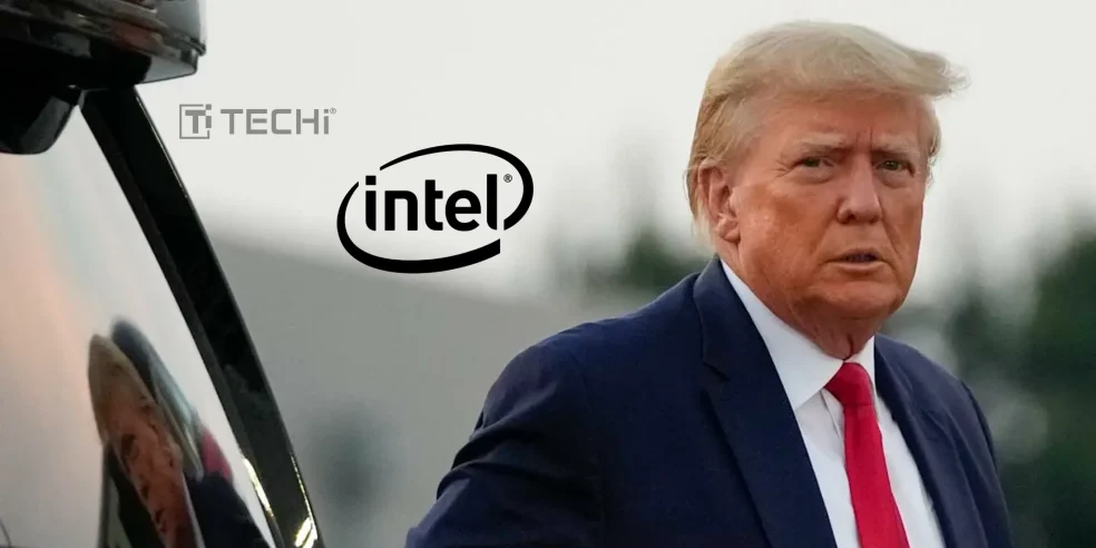 Donald Trump stands in front of a vehicle with the Intel logo beside him, symbolizing the U.S. government’s major stake in Intel under his administration.