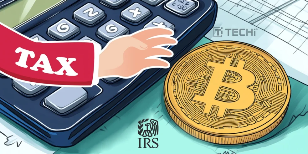 Illustration of a hand labeled "TAX" reaching for a gold Bitcoin coin beside a calculator, symbolizing cryptocurrency taxation by the IRS.