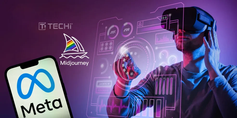 Meta logo on a smartphone alongside the Midjourney logo, with a person in virtual reality interacting with digital interfaces, symbolizing the AI partnership.