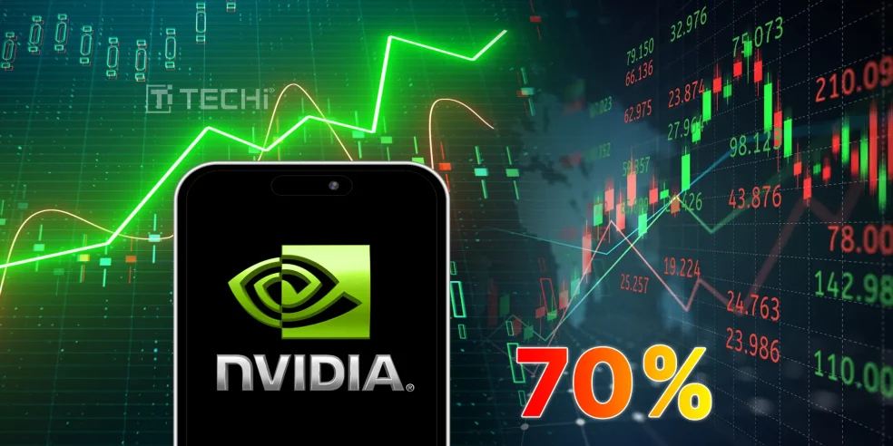 NVIDIA logo on a smartphone with a 70% growth graphic and green stock market charts in the background, representing the potential impact on NVIDIA’s stock.