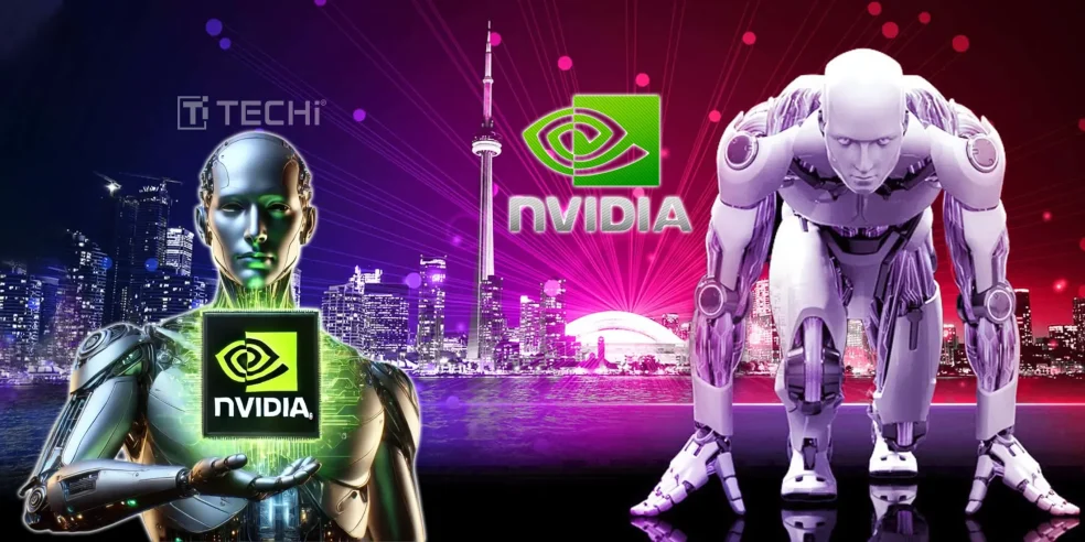 Futuristic AI robots with NVIDIA logo against a city skyline, symbolizing AI innovation and competition.