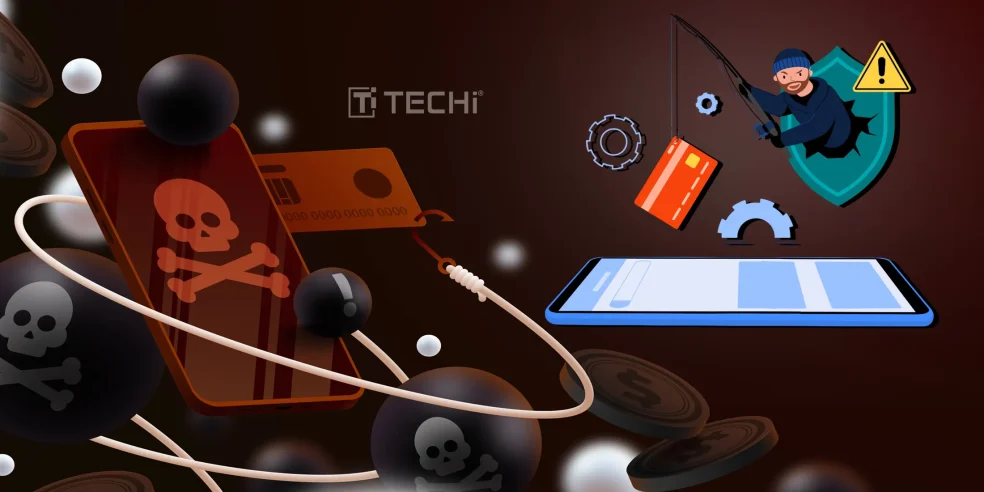 Illustration of a hacker stealing credit card details via SIM swap fraud, with skull icons, a phishing hook, and a broken security shield next to a smartphone.