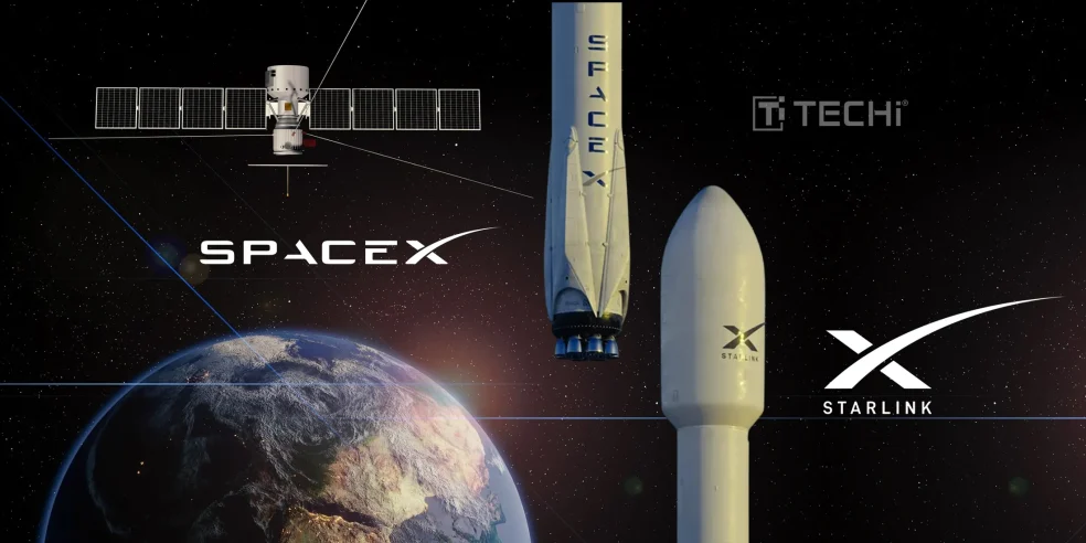 SpaceX rocket launching Starlink satellites into orbit with Earth in the background