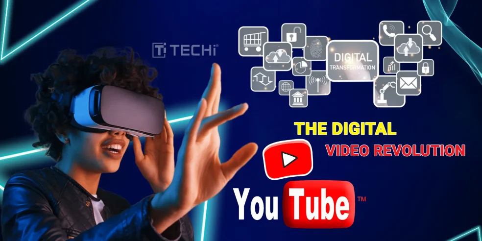 Woman using VR headset with digital transformation icons and YouTube logo, symbolizing the evolution of online video platforms in 2025.