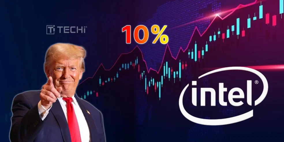 Donald Trump points with Intel logo and rising stock chart, highlighting U.S. government’s 10% equity stake in Intel.