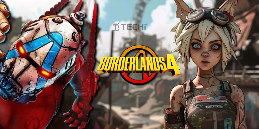 A character from Borderlands 4 alongside the game's logo, showcasing the iconic art style of the franchise.