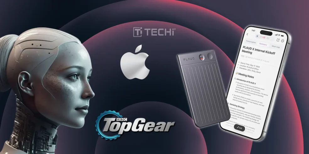 A futuristic image showcasing Apple's logo, PlaudAI's note-taking device, and a sleek robot, with a screenshot of the PlaudAI app's transcription interface.