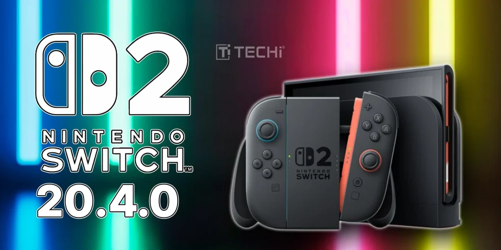 Image showing Nintendo Switch 2 with neon lights and the logo for update 20.4.0, symbolizing the latest system update.