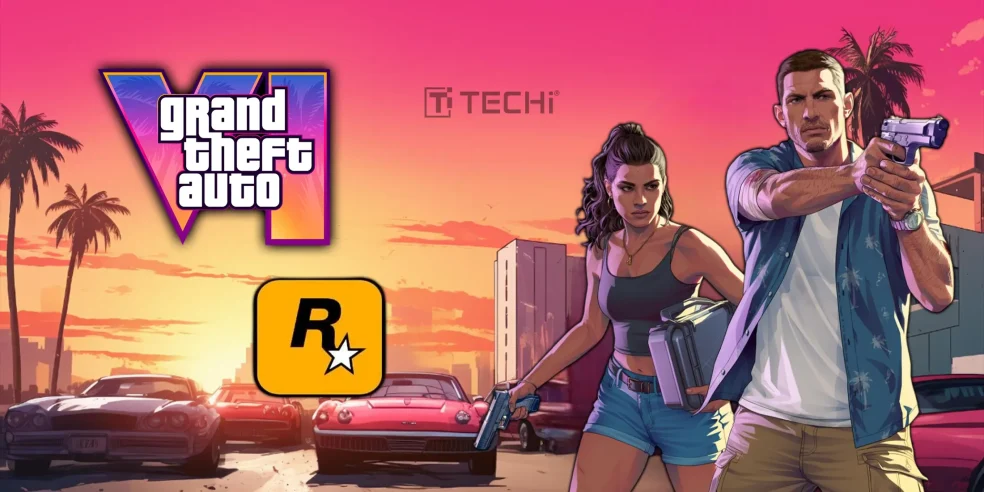 Grand Theft Auto VI promotional image with characters and Rockstar logo, featuring vibrant sunset colors and Twitch drop rewards for GTA RP.