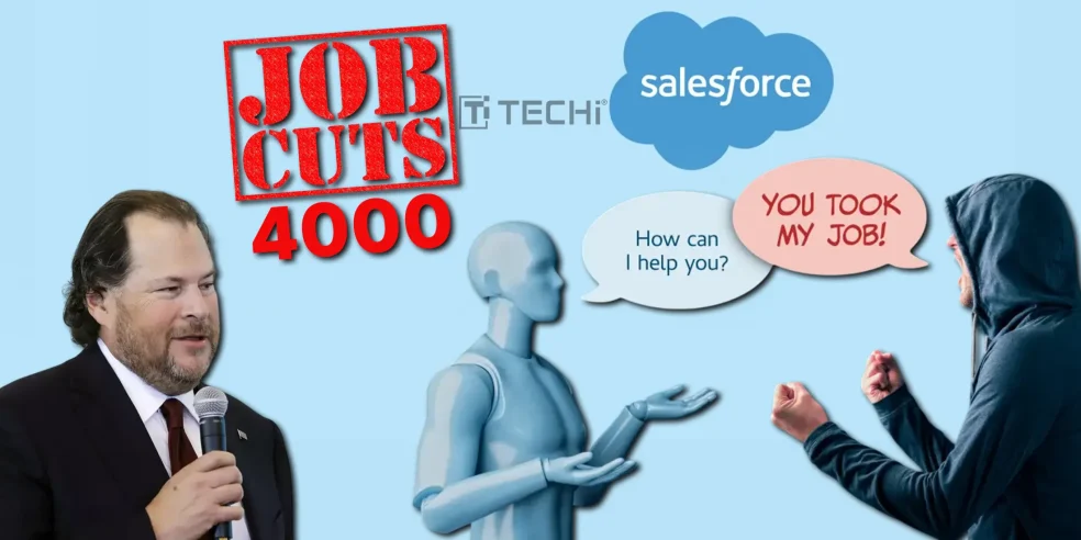 Image showing Salesforce CEO Marc Benioff, a robot customer service agent, and an angry person, with a red 'Job Cuts 4,000' stamp highlighting the impact of AI on jobs.
