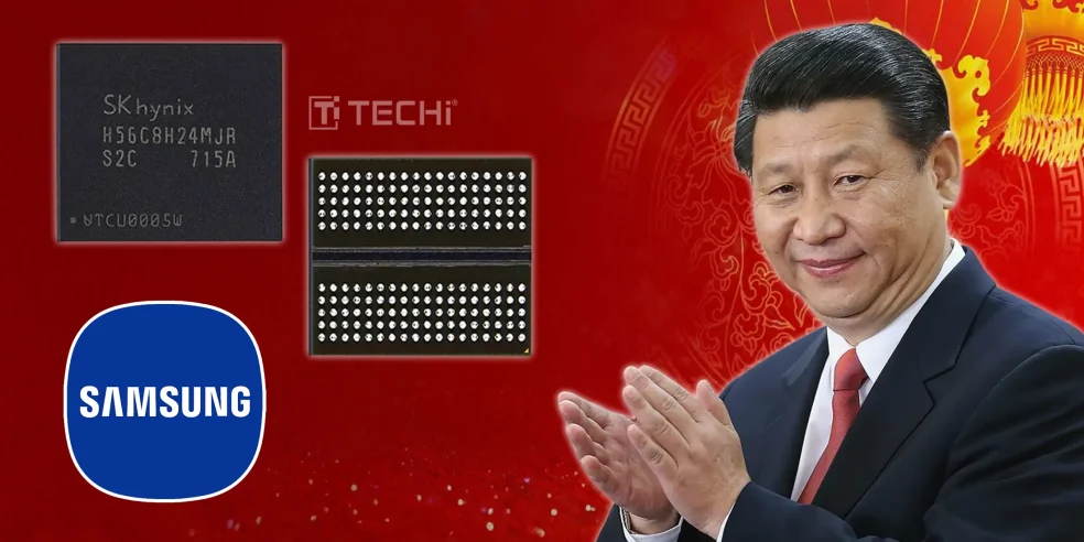 Samsung and SK Hynix chip components with a backdrop of Chinese President Xi Jinping, representing the challenges faced by South Korean companies in China due to U.S. chip production restrictions.