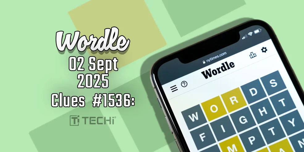 Wordle puzzle for September 2, 2025, with clues and gameplay showing colored letter tiles on a mobile screen.