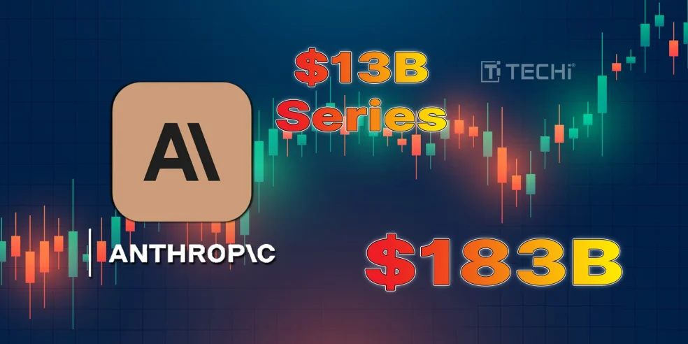 Anthropic AI logo with financial candlestick chart in the background, showing $13B Series funding and $183B valuation highlights.