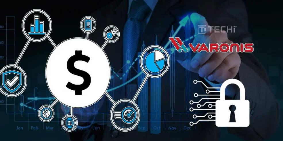Varonis logo over a digital interface with financial icons, charts, and a padlock symbolizing cybersecurity and AI-driven investment strategy.