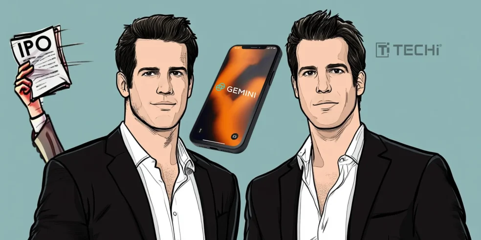 Illustrated image of the Winklevoss twins standing beside a smartphone displaying the Gemini app and an IPO document held in the background.