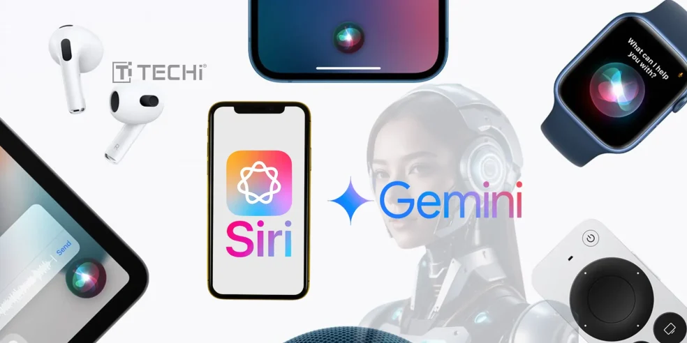 Apple's Siri logo with Google Gemini branding, showcasing AI-powered integration across Apple devices like iPhone, AirPods, and Apple Watch.