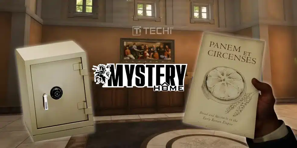 A close-up shot of a safe, a book titled "Panem et Circenses," and the "Mystery Home" logo, representing a puzzle-solving moment in "A Collegial Mystery" game.