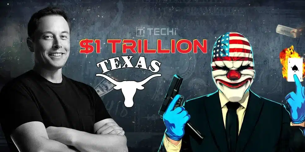Elon Musk's Texas-sized $1 trillion payday enabled by Texas' new corporate law, with a bold image of Musk and a masked figure holding a burning playing card.