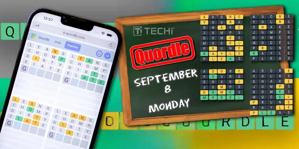 A screenshot showing the Quordle puzzle for September 8, with the game interface on a mobile phone and a chalkboard displaying the word "Quordle" and the date.