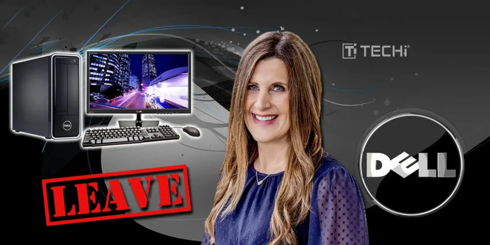 Dell CFO Yvonne McGill to step down after 30 years, with the Dell logo and computer equipment in the background, symbolizing the leadership change.