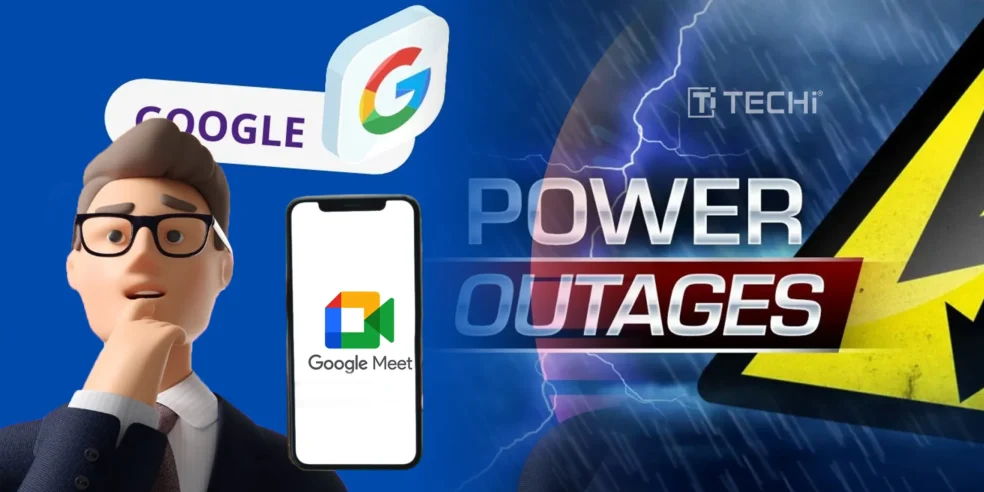 Google Meet outage with a 3D character illustration, power outage warning, and the Google Meet logo, symbolizing disruption during online meetings.