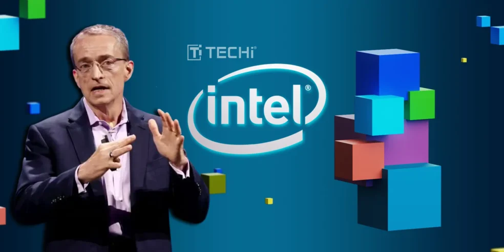 Intel CEO Patrick Gelsinger speaks about company changes, with Intel's logo and colorful blocks symbolizing the major leadership shake-up.
