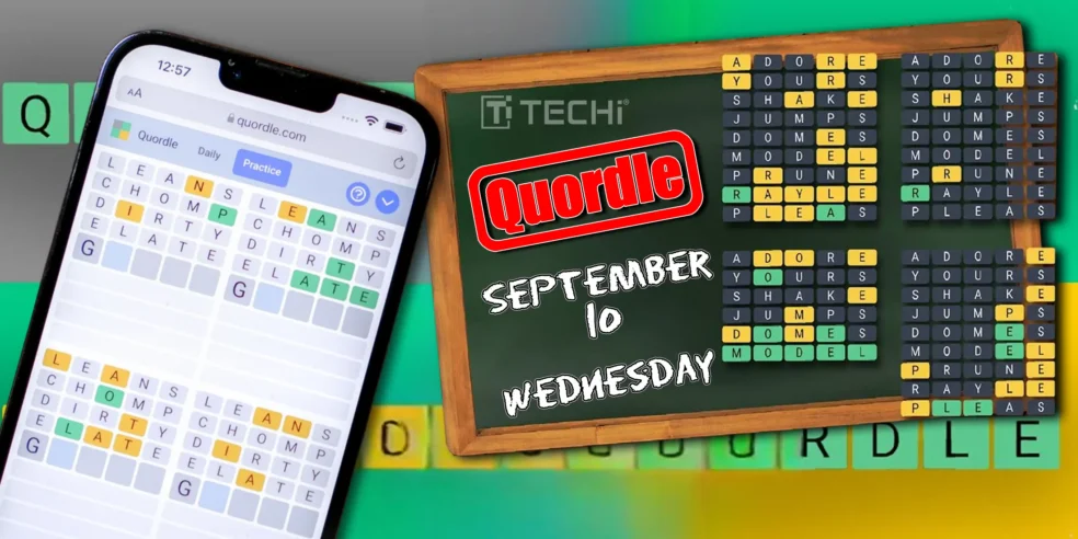 Quordle puzzle for September 10, 2025, showing game progress on mobile and chalkboard with answers