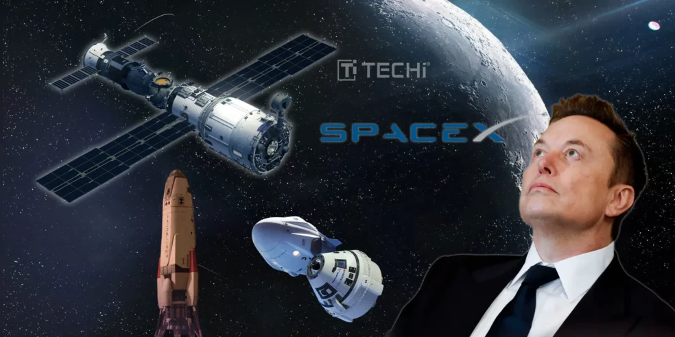 SpaceX's Falcon 9 rocket launching the new and improved Cygnus XL cargo ship to the International Space Station, with Elon Musk looking towards space.