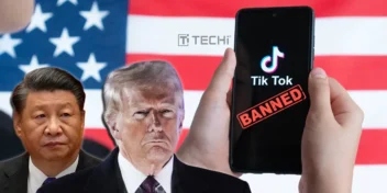 A smartphone displaying “TikTok Banned” with U.S. flag in background, next to images of Donald Trump and Xi Jinping.