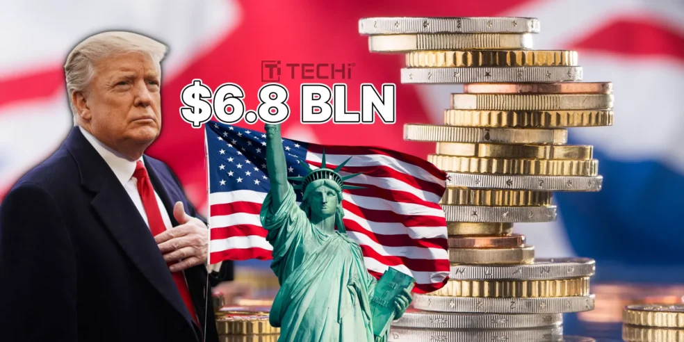 Donald Trump with the U.S. flag, Statue of Liberty, and a stack of coins symbolizing Google’s $6.8 billion investment in the UK.