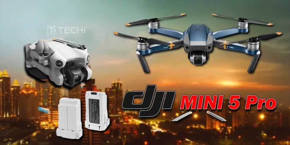 DJI Mini 5 Pro with 1-inch sensor and extended battery life, alongside other DJI drone models and batteries.