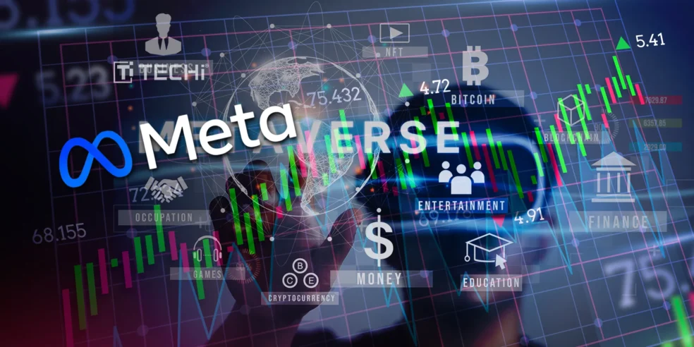 Meta logo with financial charts, cryptocurrency, blockchain, and various tech icons representing the metaverse, AI, and finance.