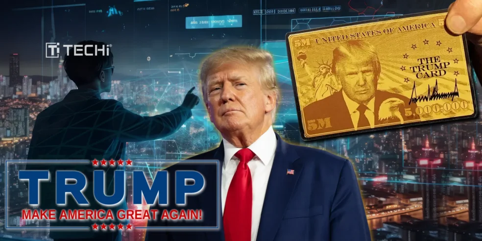 Trump with the "Trump Card" and futuristic digital backdrop, representing his impact on U.S. tech policies.