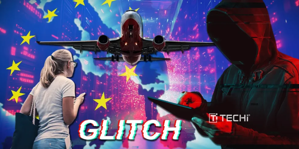 Passenger in an airport with a glitchy digital background and a hacker figure, symbolizing the cyberattack disrupting European airports' check-in systems.