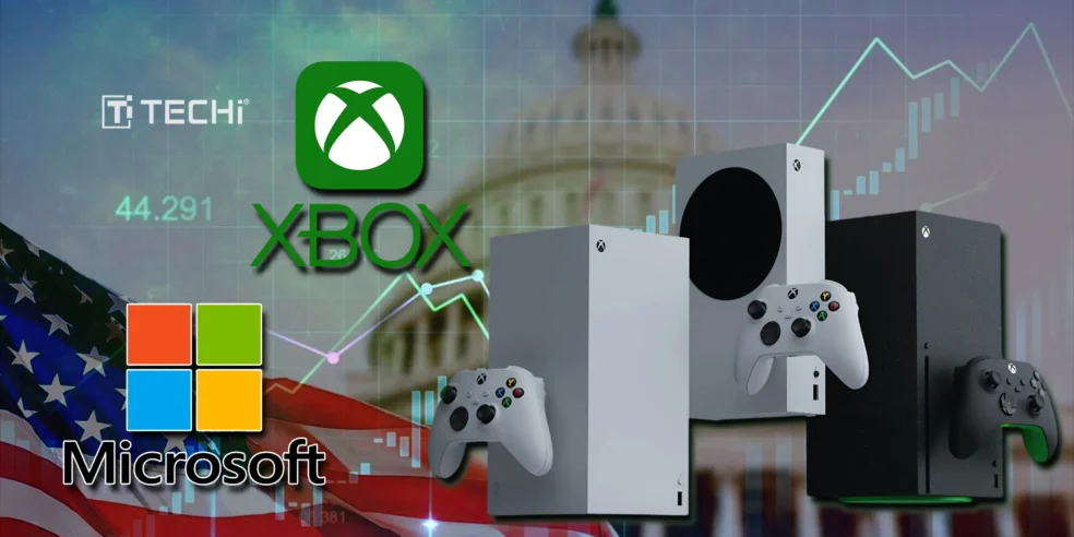 Microsoft and Xbox logos with U.S. flag in the background, displaying Xbox consoles and a financial graph to represent the price increase driven by economic conditions.
